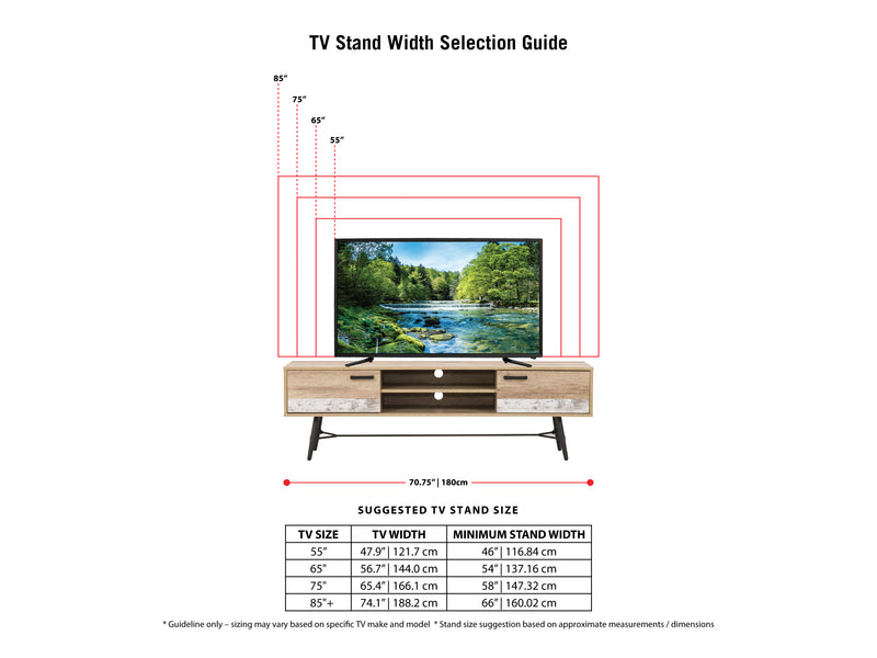 distressed warm beige white duotone Mid Century Modern TV Stand for TVs up to 85" Aurora Collection infographic by CorLiving