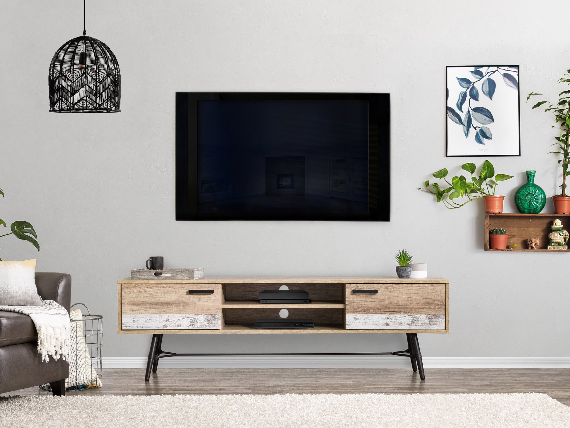 Mid Century Modern TV stand in walnut and white, sleek design with open shelving, tapered legs, and storage cabinets, fits TVs up to 85 inches.