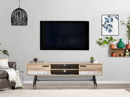 Mid Century Modern TV stand in walnut and white, sleek design with open shelving, tapered legs, and storage cabinets, fits TVs up to 85 inches.