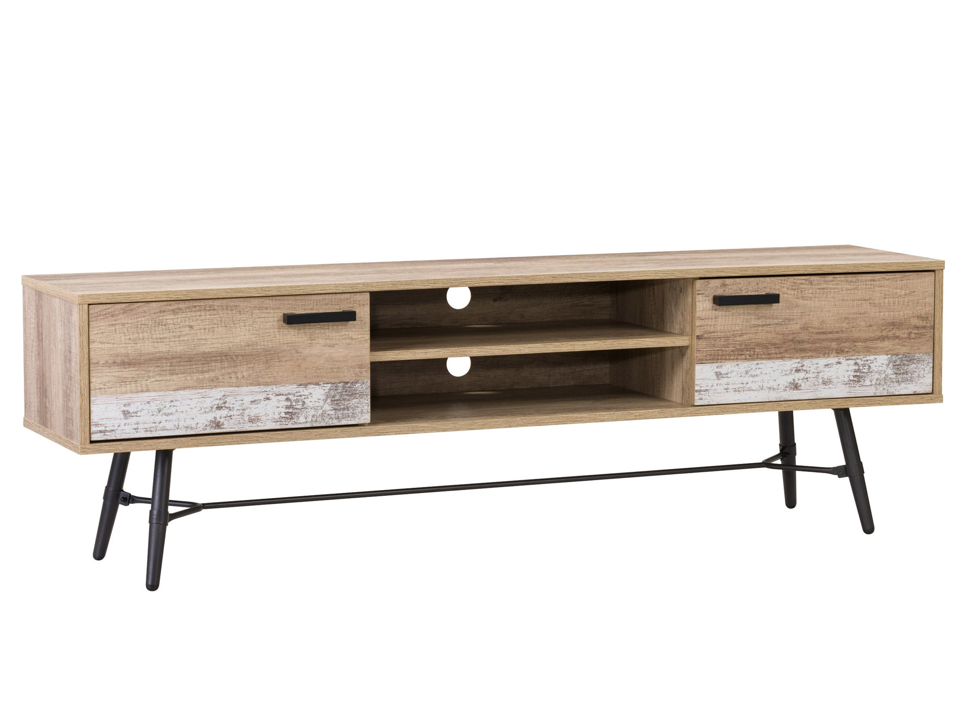 Mid-century modern TV stand with natural wood finish, white sliding doors, and tapered legs. Features open shelving for media storage and cable management holes. Perfect for stylish living rooms.