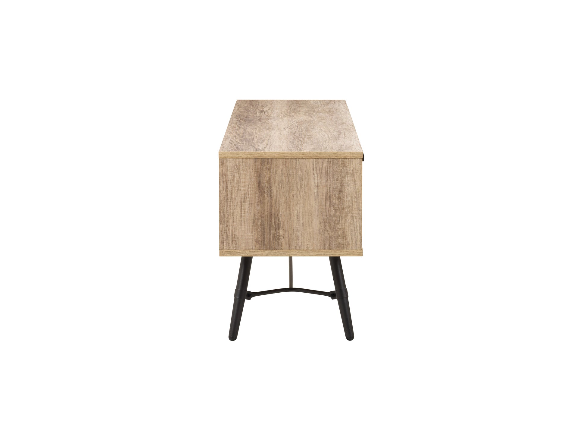 Modern TV stand with a walnut finish, black metal frame, and three open shelves for storage, featuring a sleek, minimalist design perfect for contemporary living rooms and media centers.