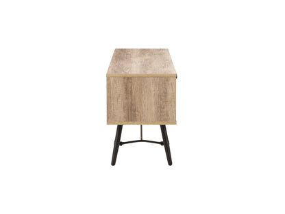 Modern TV stand with a walnut finish, black metal frame, and three open shelves for storage, featuring a sleek, minimalist design perfect for contemporary living rooms and media centers.