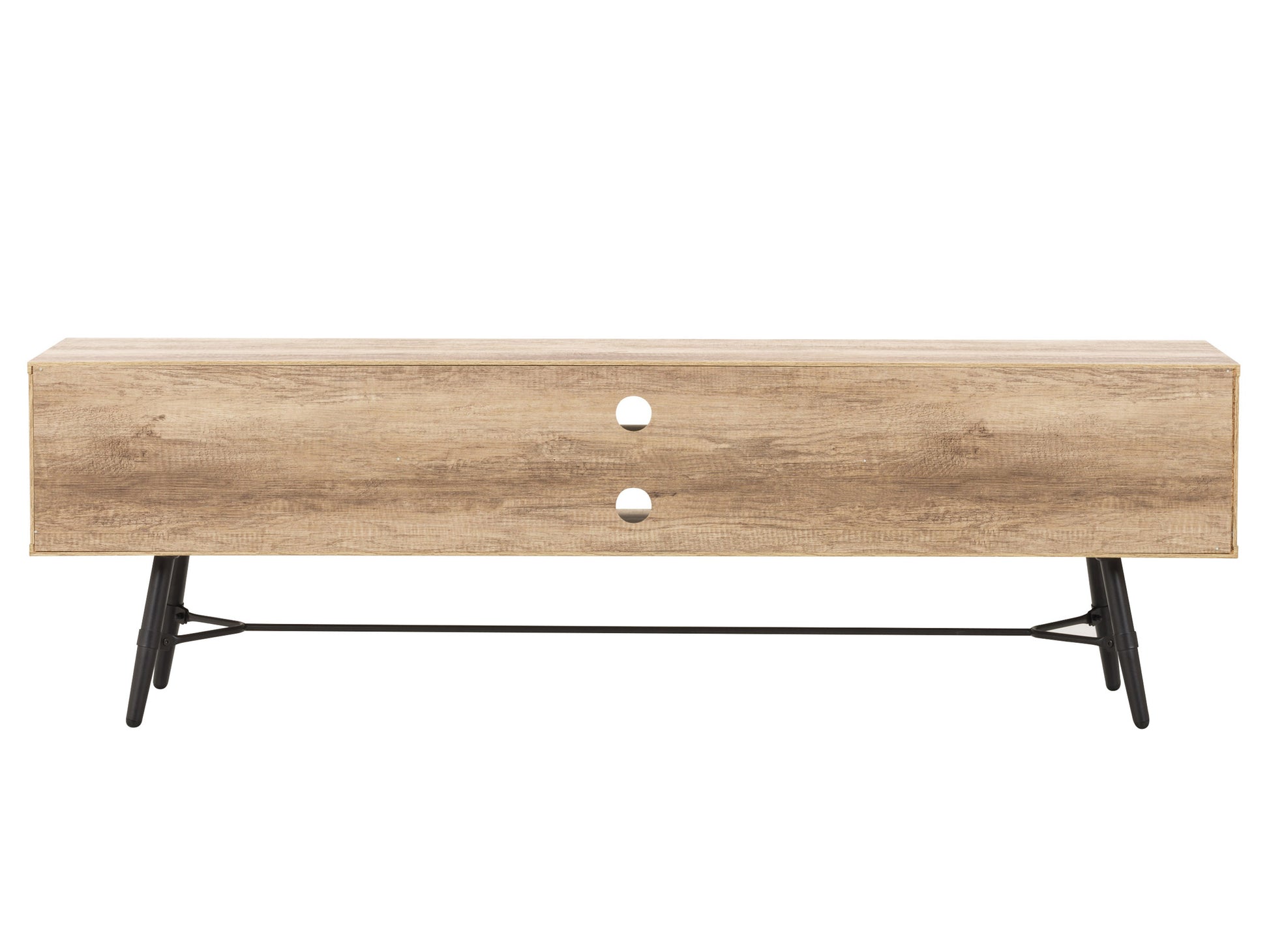 Mid-century modern TV stand for TVs up to 85 inches, featuring a sleek walnut finish, clean lines, and ample storage with two sliding doors and open shelving.
