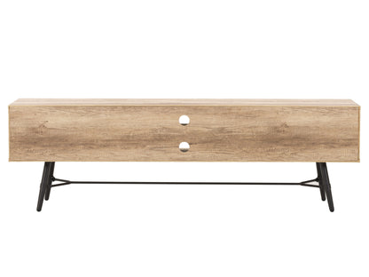 Mid-century modern TV stand for TVs up to 85 inches, featuring a sleek walnut finish, clean lines, and ample storage with two sliding doors and open shelving.
