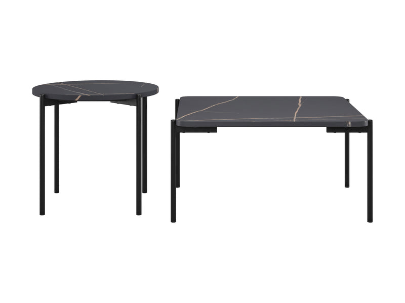 2 Piece Square Black Marble Coffee Table Set with Round Marble Side Table