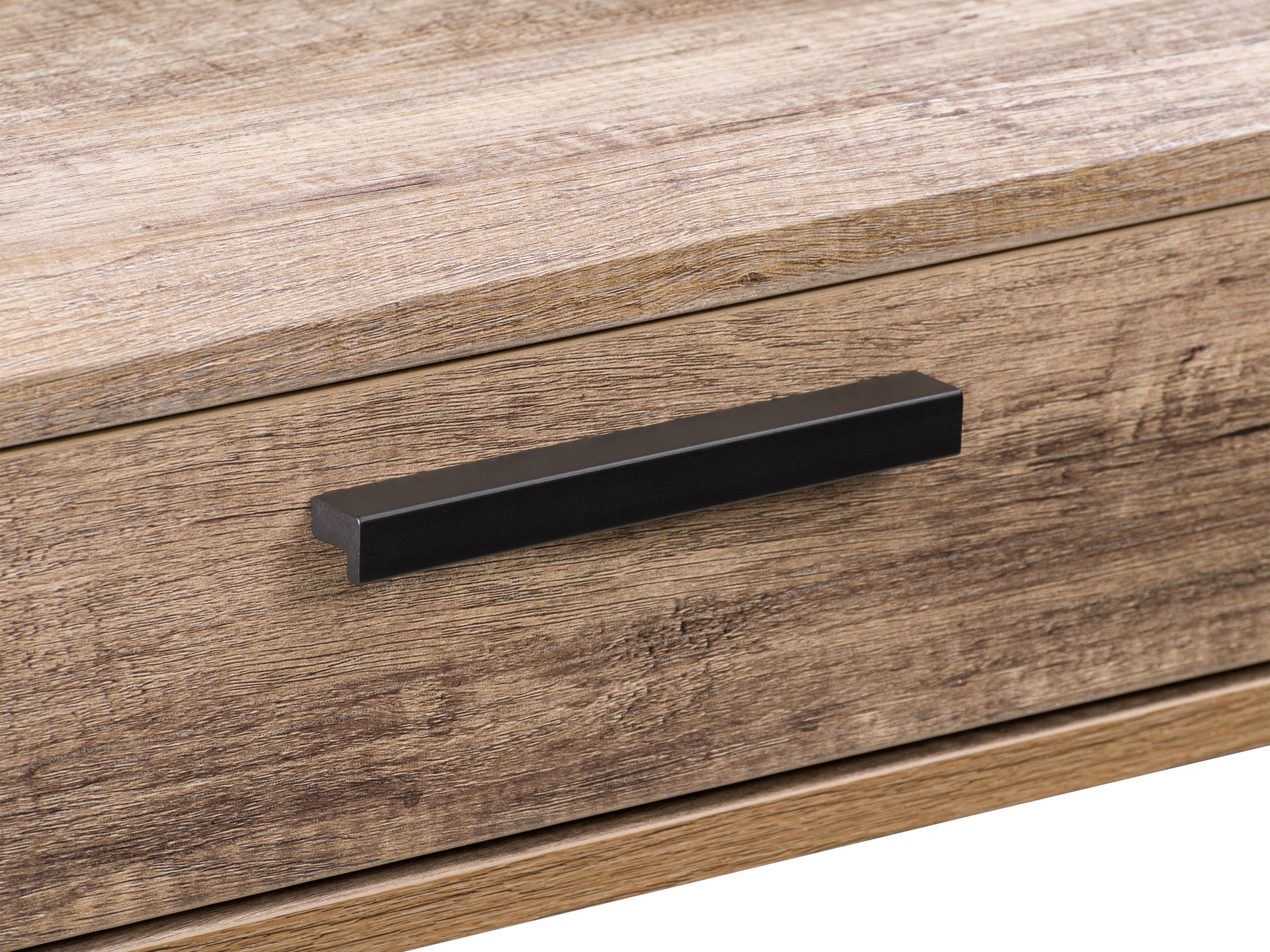 Modern oak wood desk with metal legs, featuring a sleek design, natural wood grain texture, and spacious tabletop, perfect for home office or workspace.