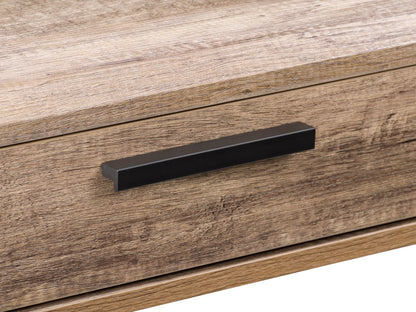 Modern oak wood desk with metal legs, featuring a sleek design, natural wood grain texture, and spacious tabletop, perfect for home office or workspace.