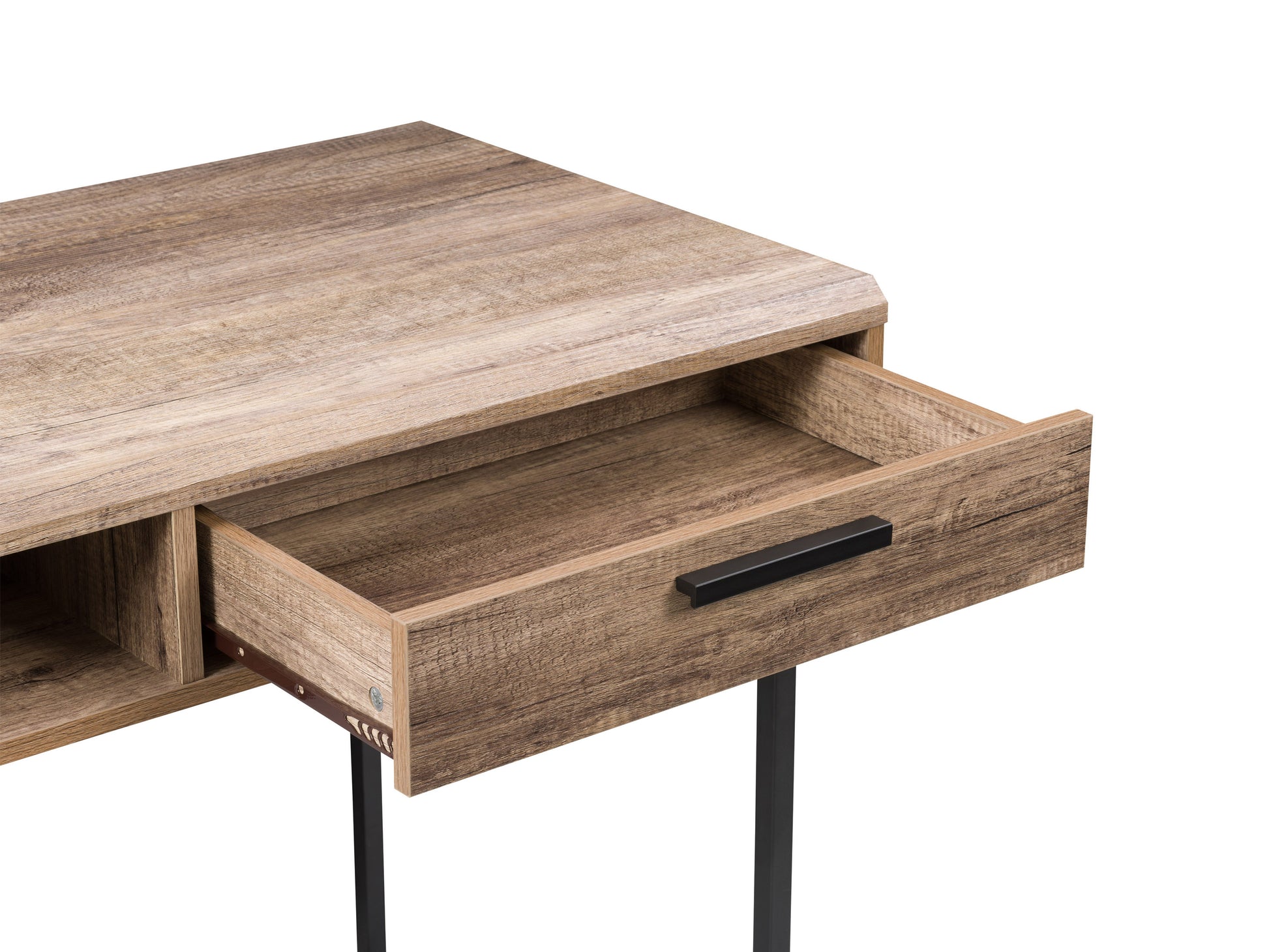 Natural wood computer desk with sleek metal legs, spacious surface, built-in storage drawers, and cable management grommets, perfect for home office or workspace.