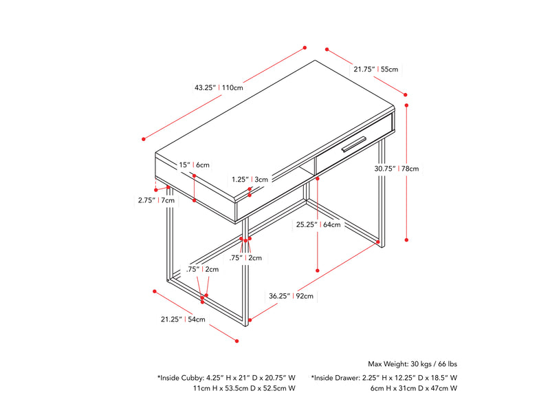 brown Wood Computer Desk Fort Worth Collection measurements diagram by CorLiving