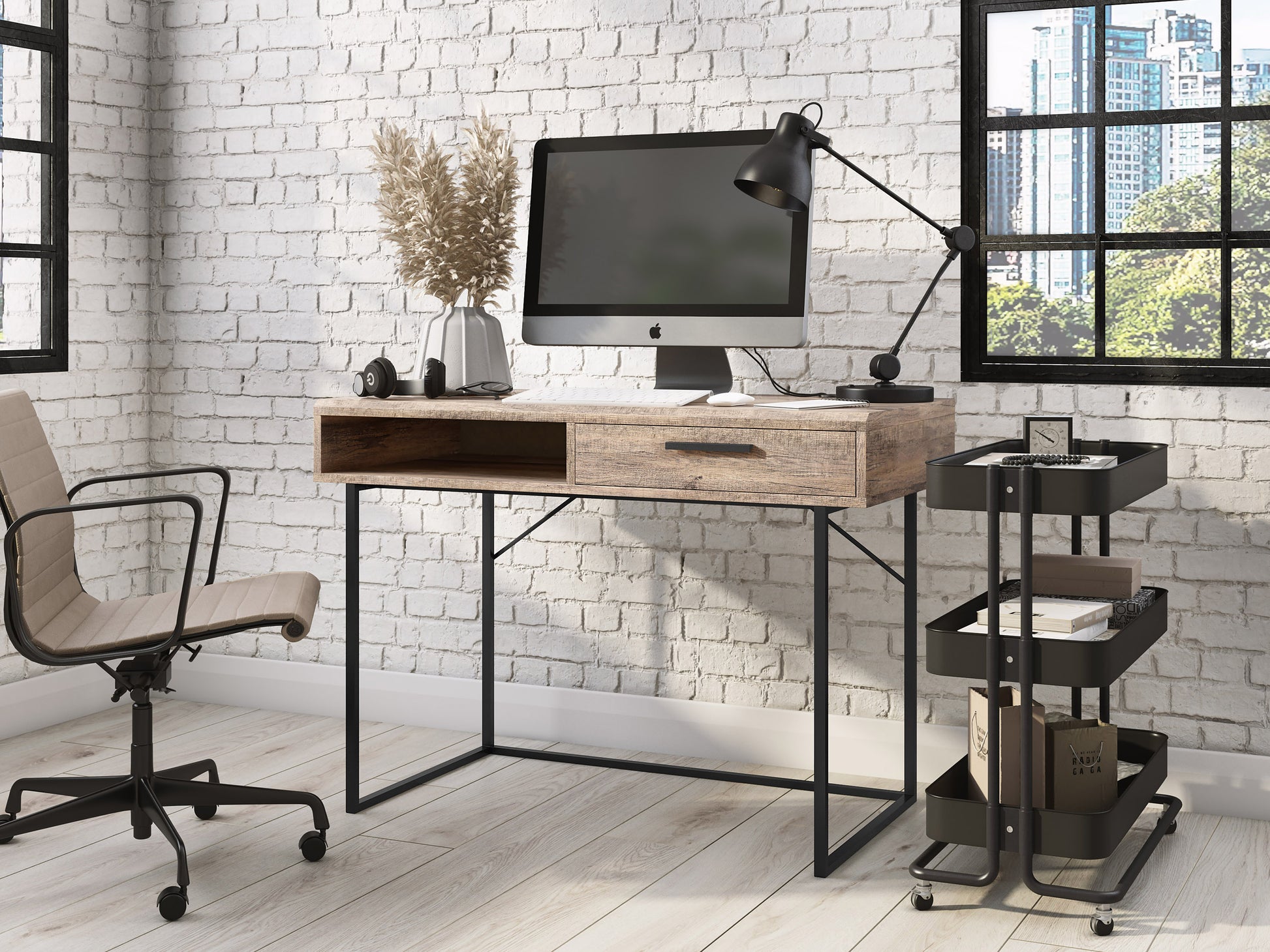 Modern wooden desk with three drawers, sleek design, and metal handles. Light oak finish with a smooth surface, ideal for home office or study. Sturdy construction with ample storage space.