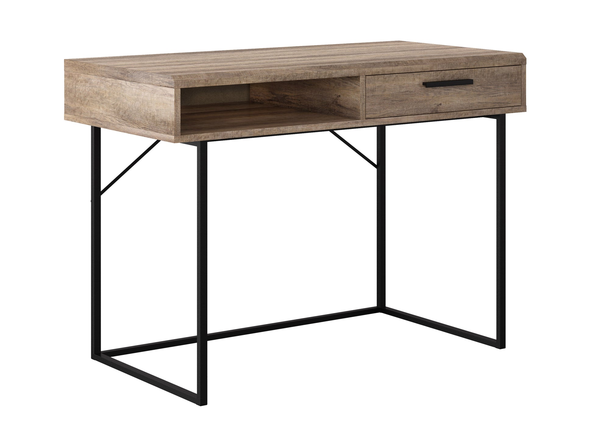 Modern wood computer desk with sleek metal legs, spacious rectangular tabletop, warm oak finish, and built-in cable management. Ideal for home office or study, combining minimalist design with functional workspace.