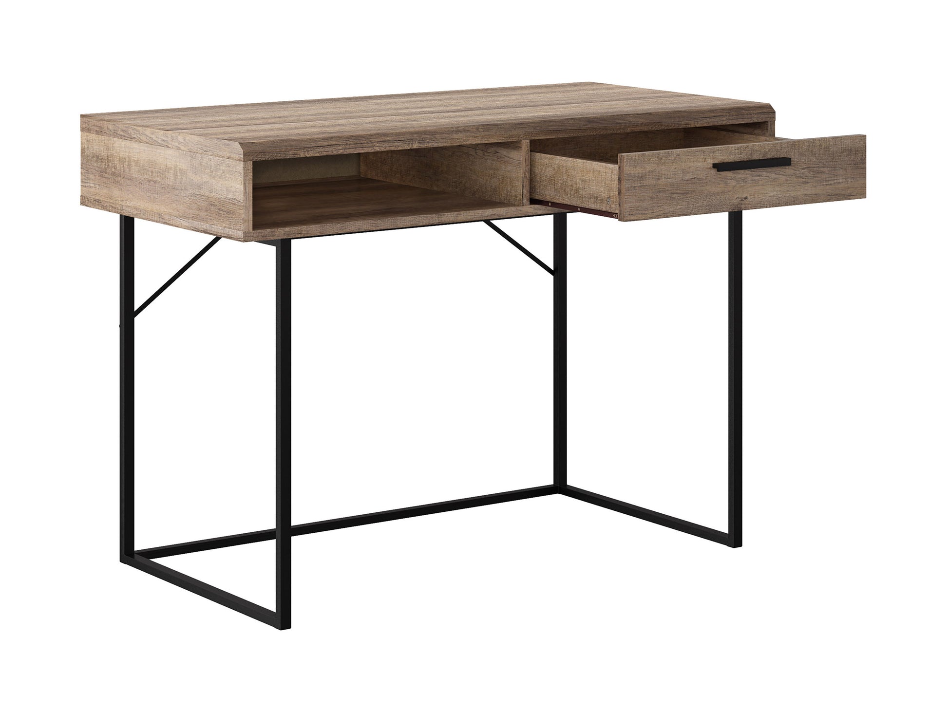Modern wooden desk with sleek metal legs, spacious tabletop, and built-in storage drawers in natural oak finish. Ideal for home office or workspace, combining functionality with contemporary design.