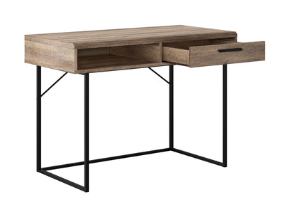 Modern wooden desk with sleek metal legs, spacious tabletop, and built-in storage drawers in natural oak finish. Ideal for home office or workspace, combining functionality with contemporary design.