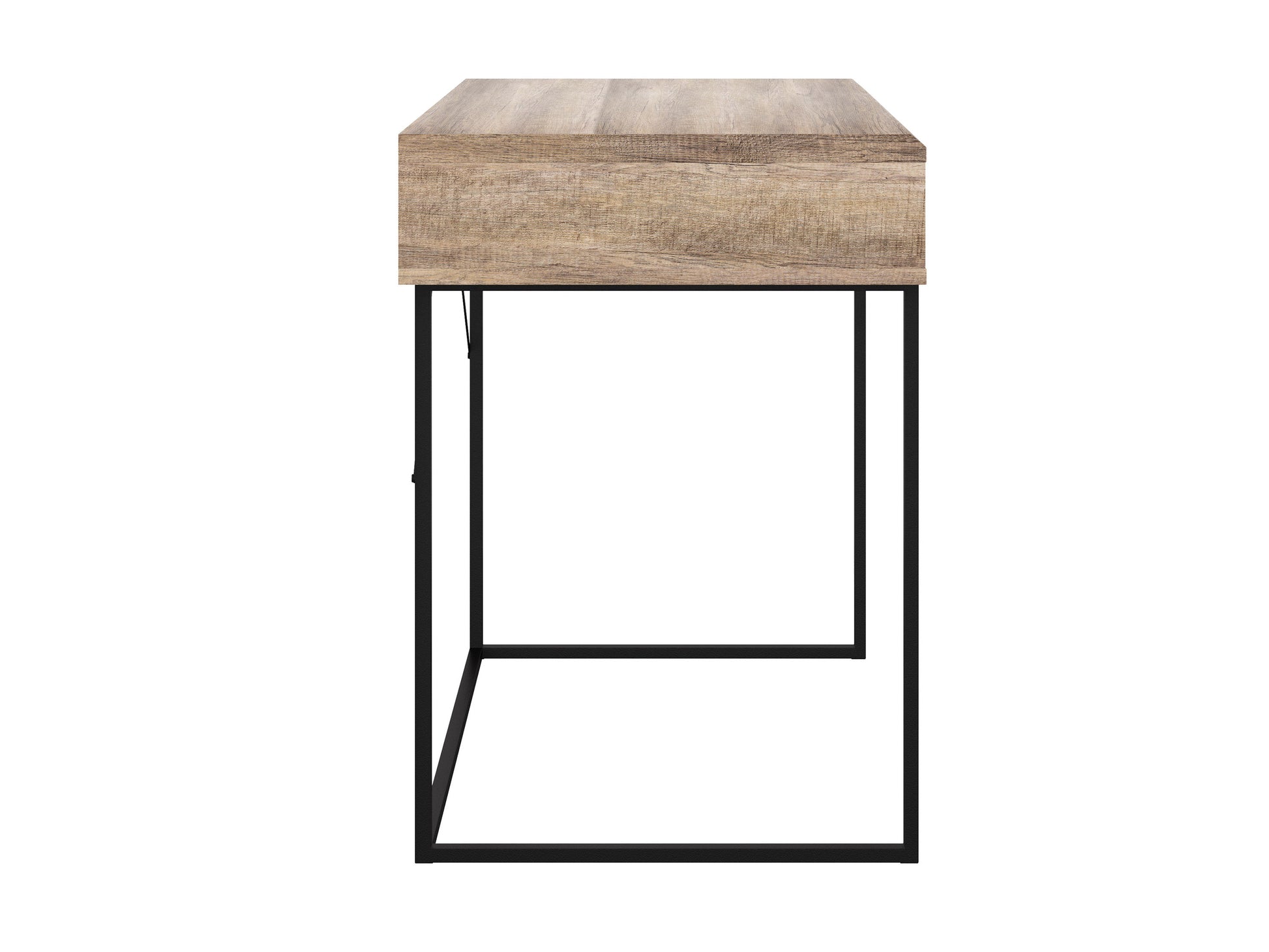 Modern wood computer desk with metal frame, featuring a light brown wooden tabletop and black metal legs, integrated storage shelf, sleek minimalist design, and sturdy construction ideal for home office use.