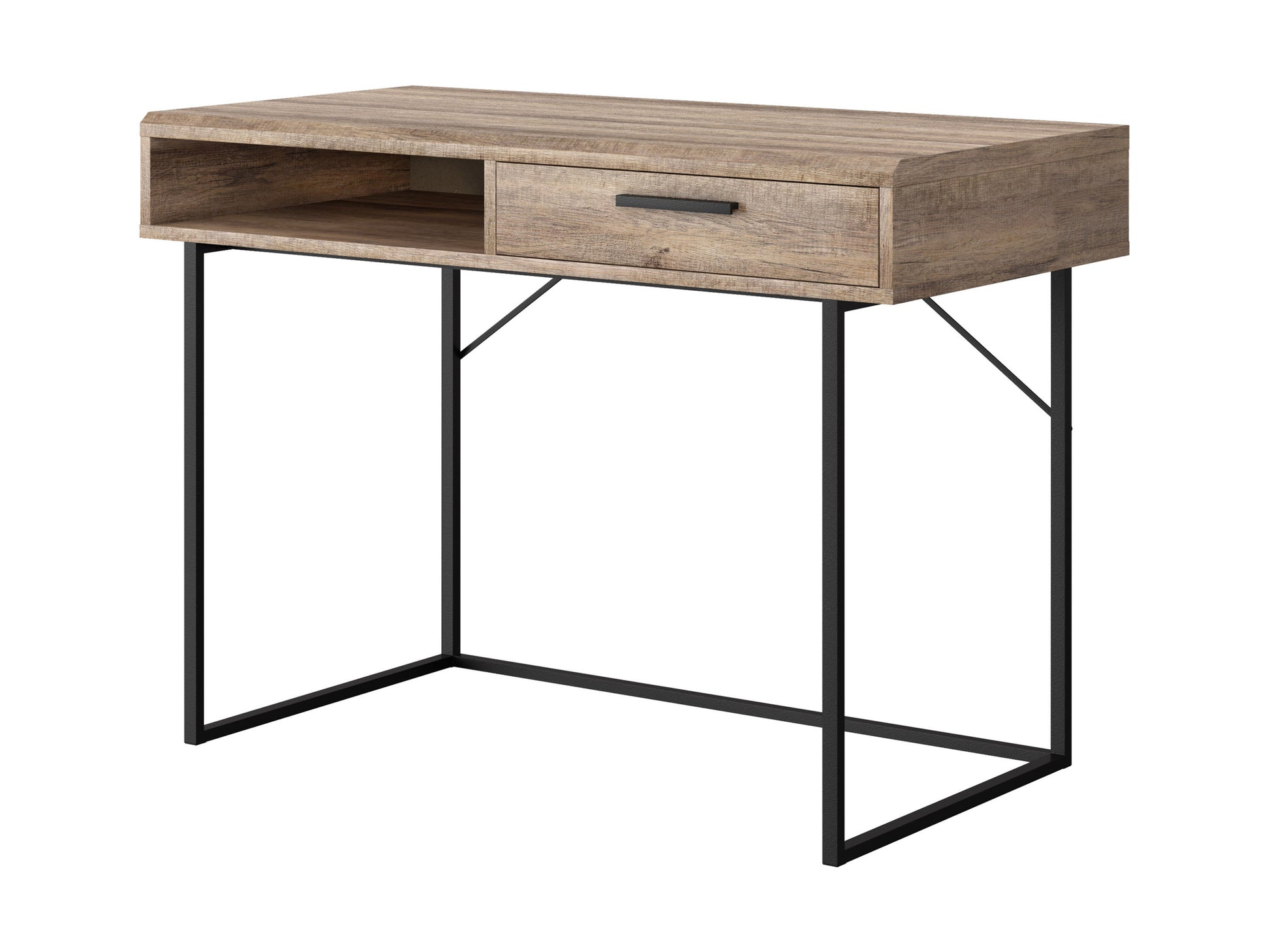 Modern white office desk with sleek metal legs, two drawers, and a smooth finish. Ideal for home office or workspace.