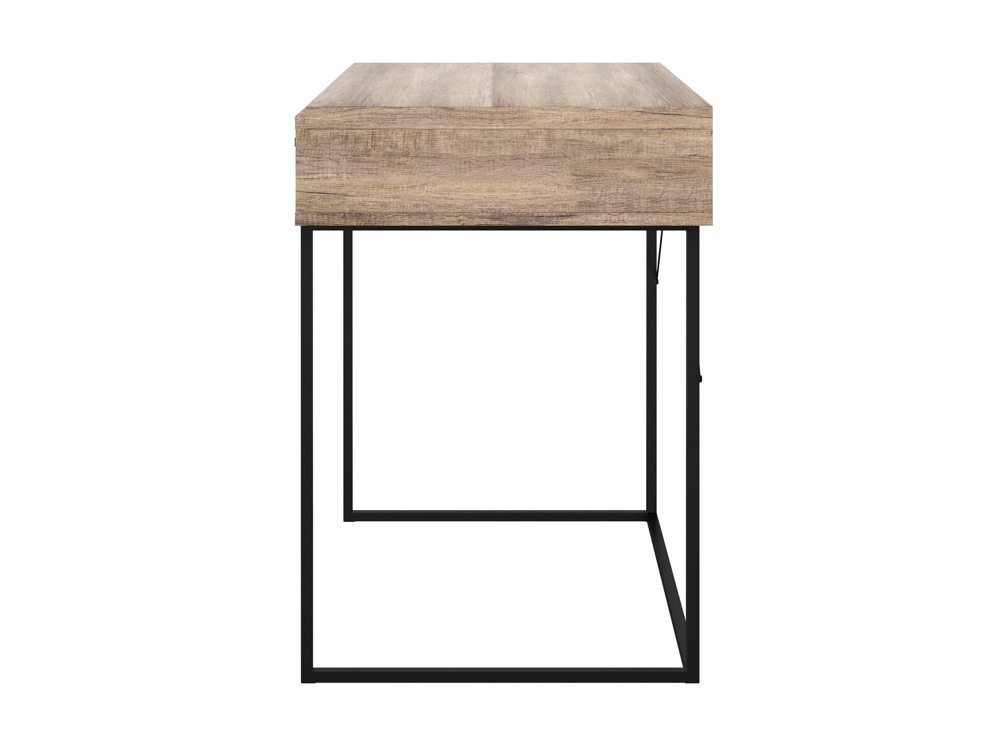 Modern wooden office desk with sleek black metal legs, featuring a spacious rectangular tabletop, natural wood grain finish, and minimalist design. Ideal for home office or workspace setup.