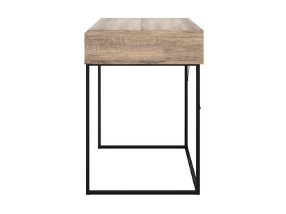 Modern wooden office desk with sleek black metal legs, featuring a spacious rectangular tabletop, natural wood grain finish, and minimalist design. Ideal for home office or workspace setup.