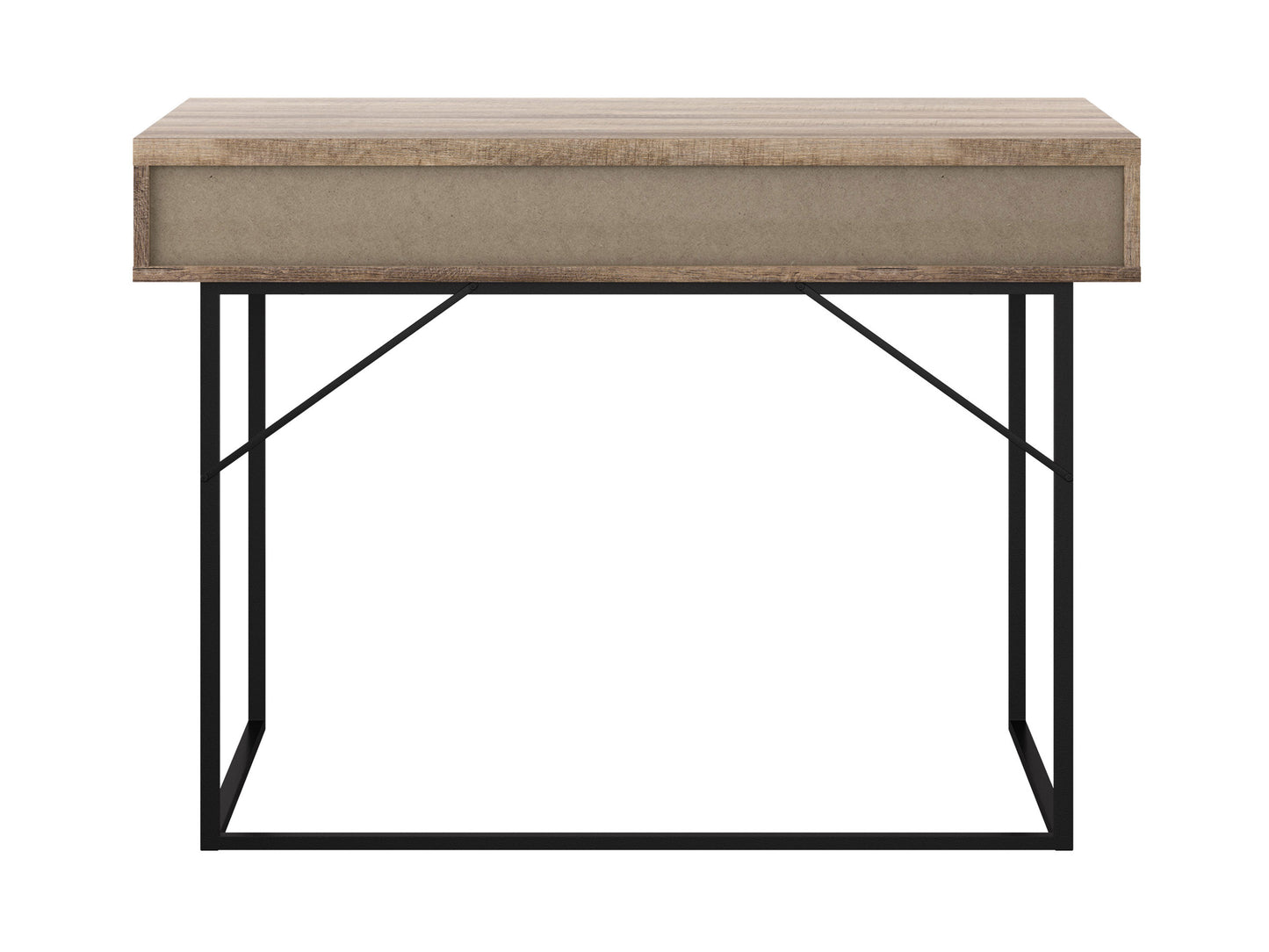 Modern white office desk with sleek metal legs, integrated storage drawer, and minimalist design. Perfect for contemporary home offices or workspaces.