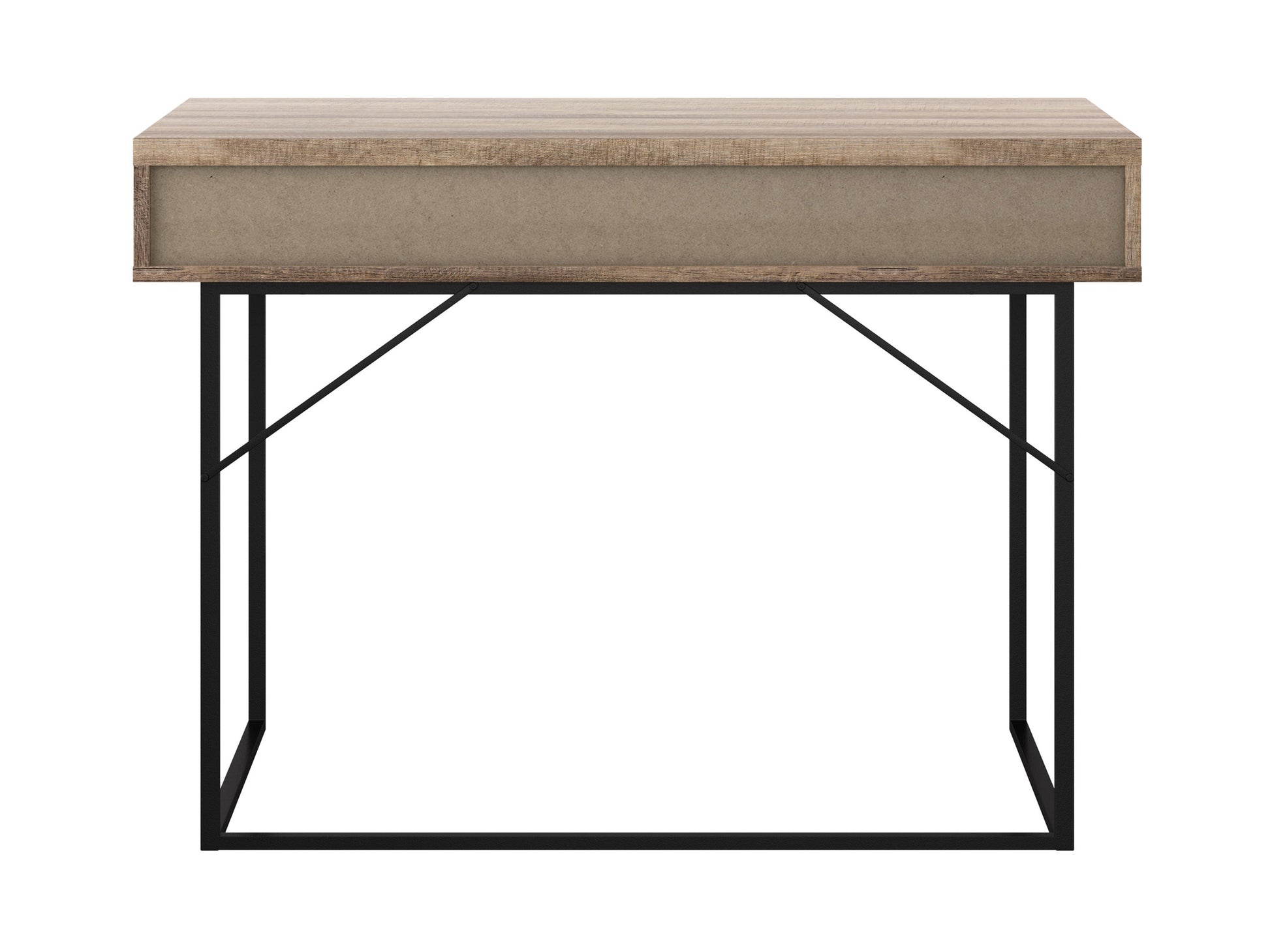 Modern white office desk with sleek metal legs, integrated storage drawer, and minimalist design. Perfect for contemporary home offices or workspaces.