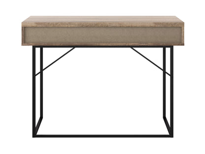 Modern white office desk with sleek metal legs, integrated storage drawer, and minimalist design. Perfect for contemporary home offices or workspaces.
