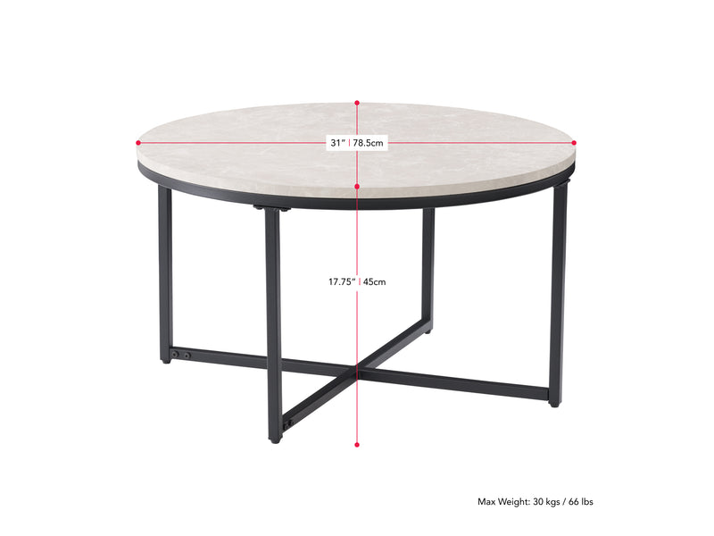 grey marble Wood Round Coffee Table Aria Collection measurements diagram by CorLiving