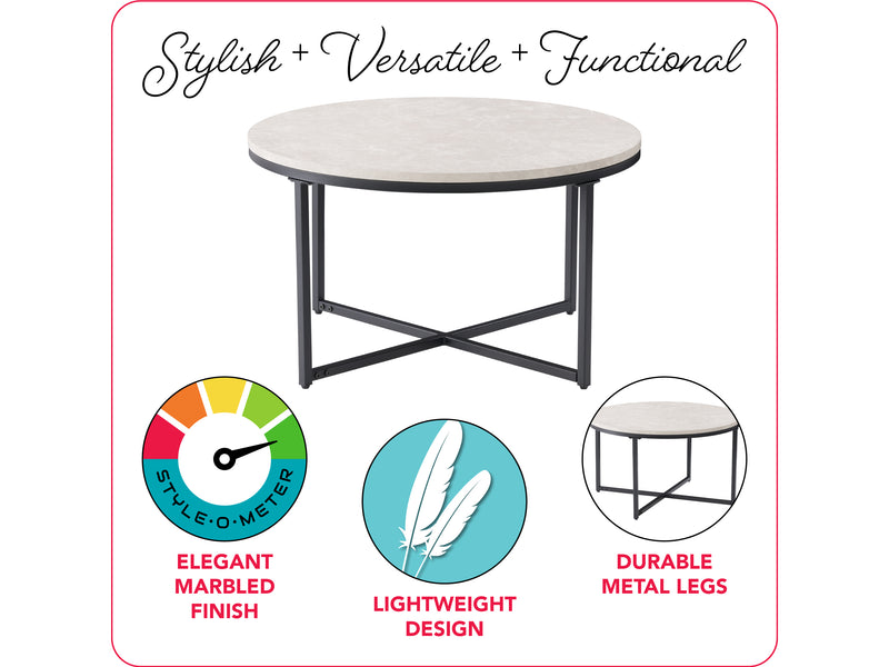 grey marble Wood Round Coffee Table Aria Collection infographic by CorLiving