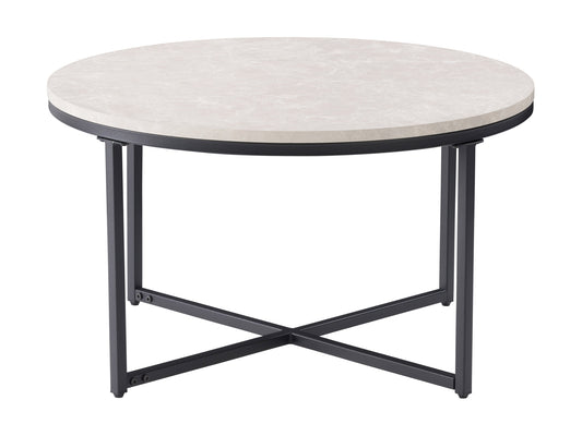 Round wood coffee table with natural finish, featuring a smooth circular top and sturdy crossed legs, perfect for modern living rooms and minimalist decor.