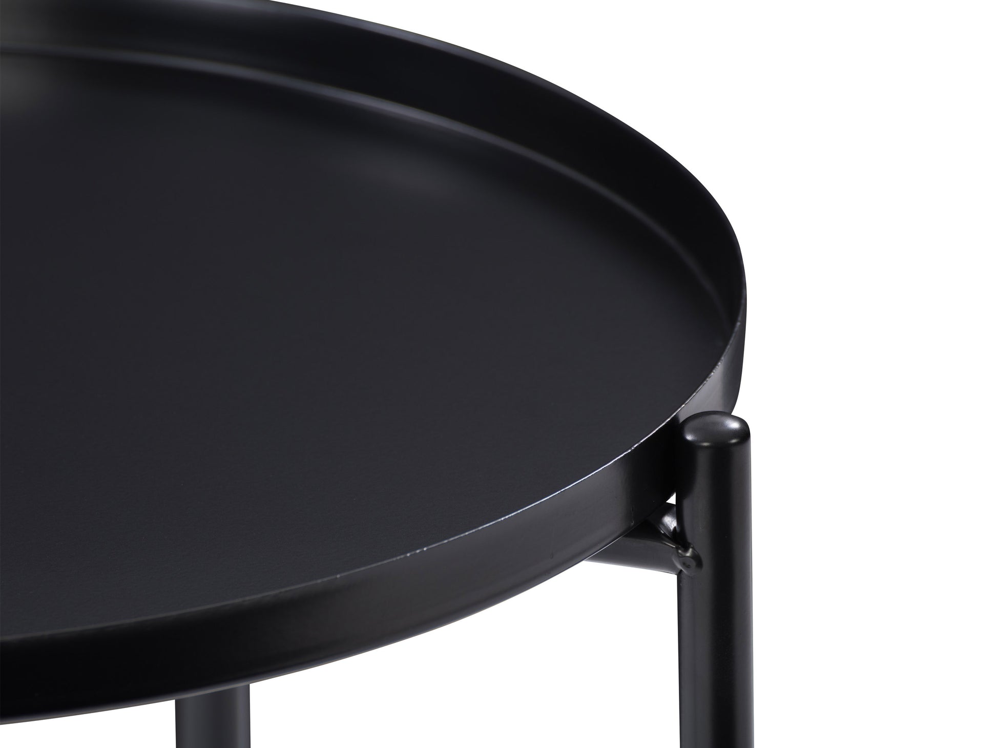 Modern side table with sleek black metal frame, circular wooden top, and minimalist design. Ideal for contemporary living rooms or bedrooms.