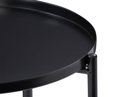 Modern side table with sleek black metal frame, circular wooden top, and minimalist design. Ideal for contemporary living rooms or bedrooms.