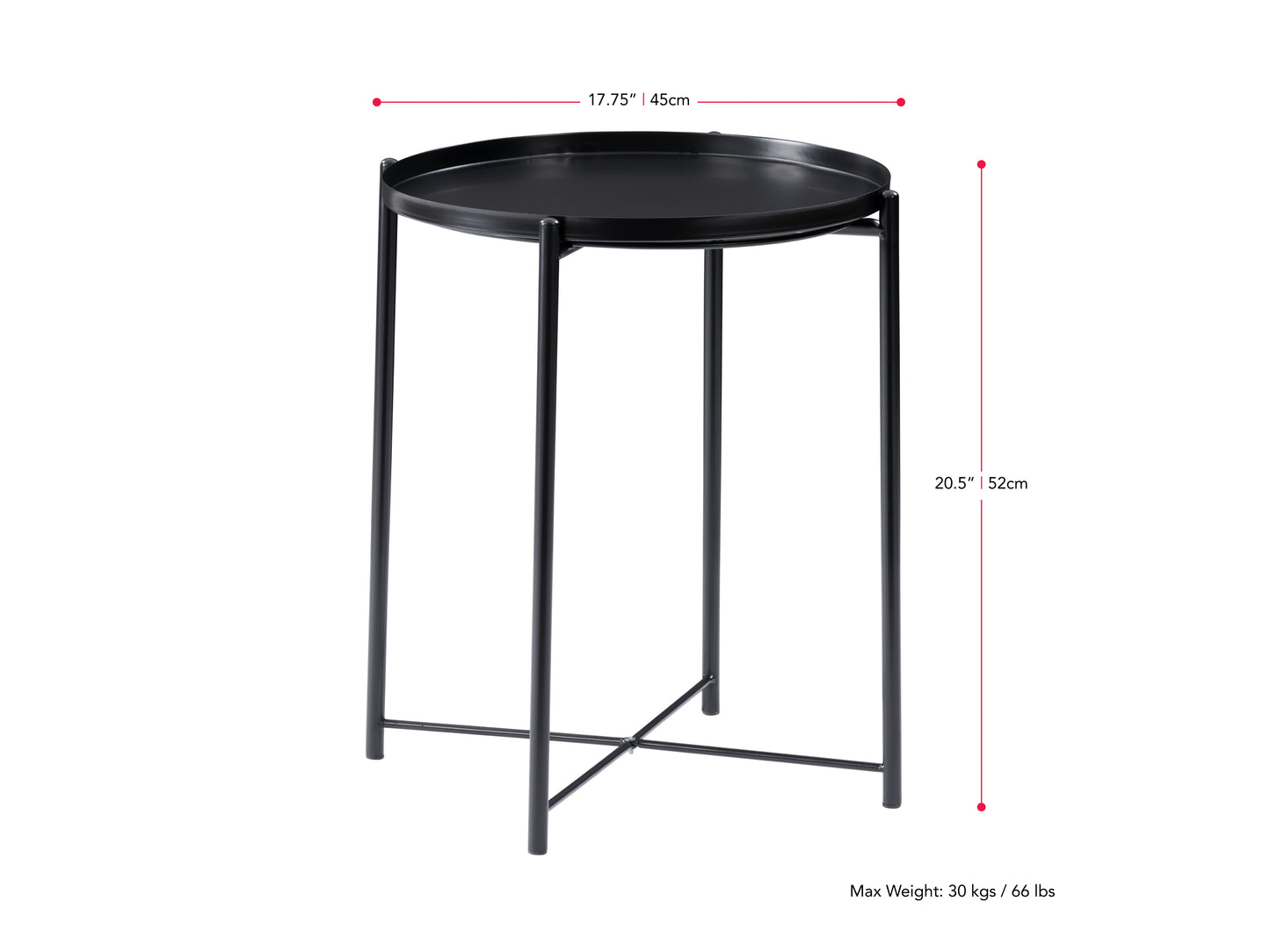 Black metal side table with a sleek, minimalist design featuring a round top and sturdy legs, perfect for modern living rooms or bedrooms.