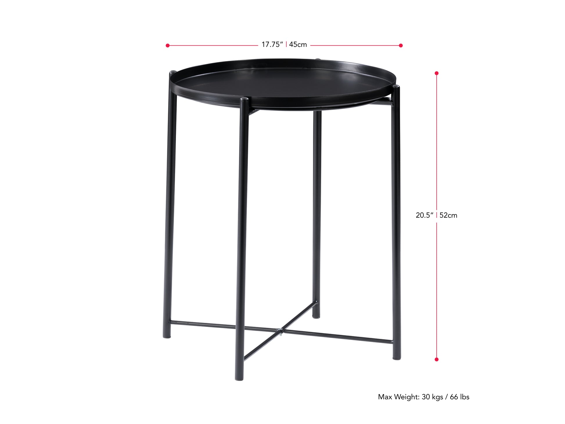 Black metal side table with a sleek, minimalist design featuring a round top and sturdy legs, perfect for modern living rooms or bedrooms.