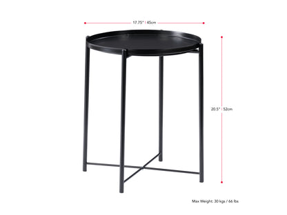 Black metal side table with a sleek, minimalist design featuring a round top and sturdy legs, perfect for modern living rooms or bedrooms.
