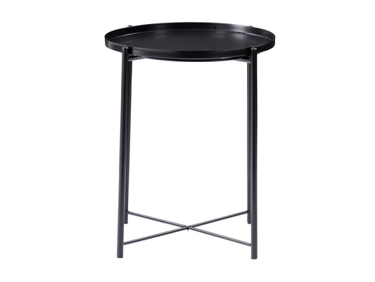 Modern wooden side table with sleek black metal frame, featuring a rich walnut finish and minimalist design, ideal for contemporary living rooms or bedrooms.
