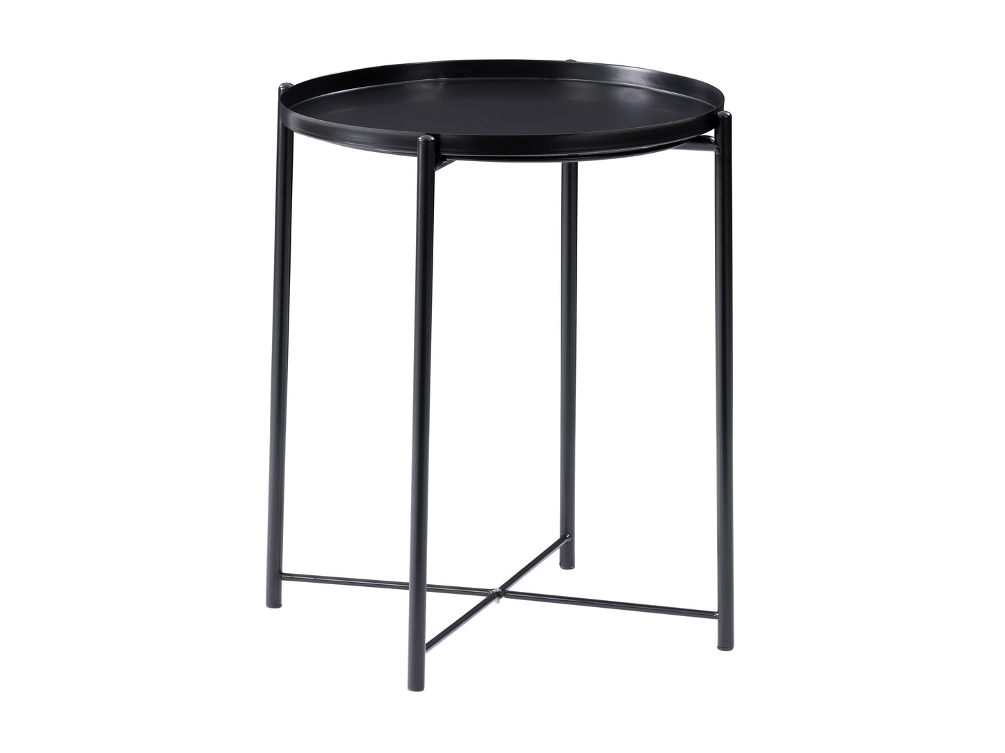 Black metal side table with sleek round top, minimalist design, and three sturdy legs, perfect for modern living rooms and bedrooms.