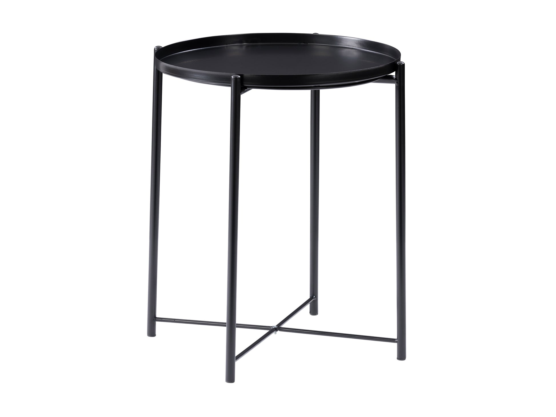 Black metal side table with sleek round top, minimalist design, and three sturdy legs, perfect for modern living rooms and bedrooms.