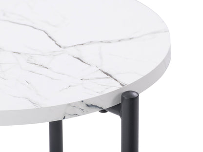 Modern side table with a round marble top, sleek gold metal frame, and geometric base design, perfect for contemporary living rooms or bedrooms.