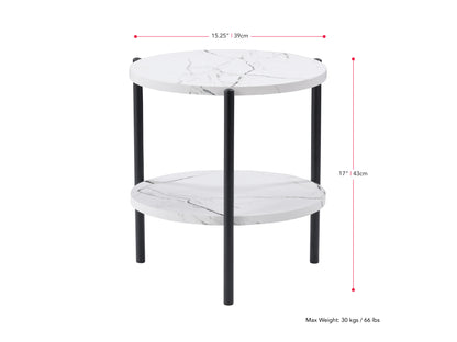 Modern black and gold side table with round black marble top and gold metal base featuring geometric design. Ideal for contemporary living rooms or bedrooms.