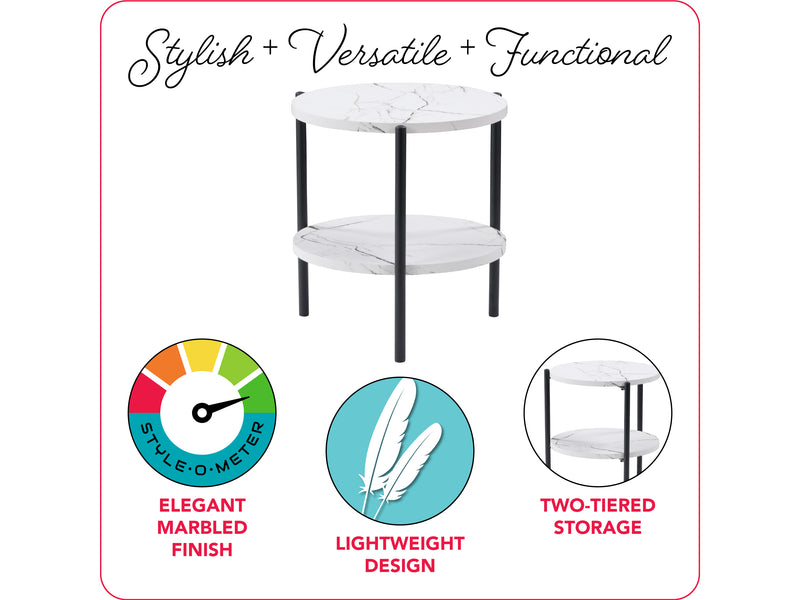 white marble White Round Side Table Arlo Collection infographic by CorLiving