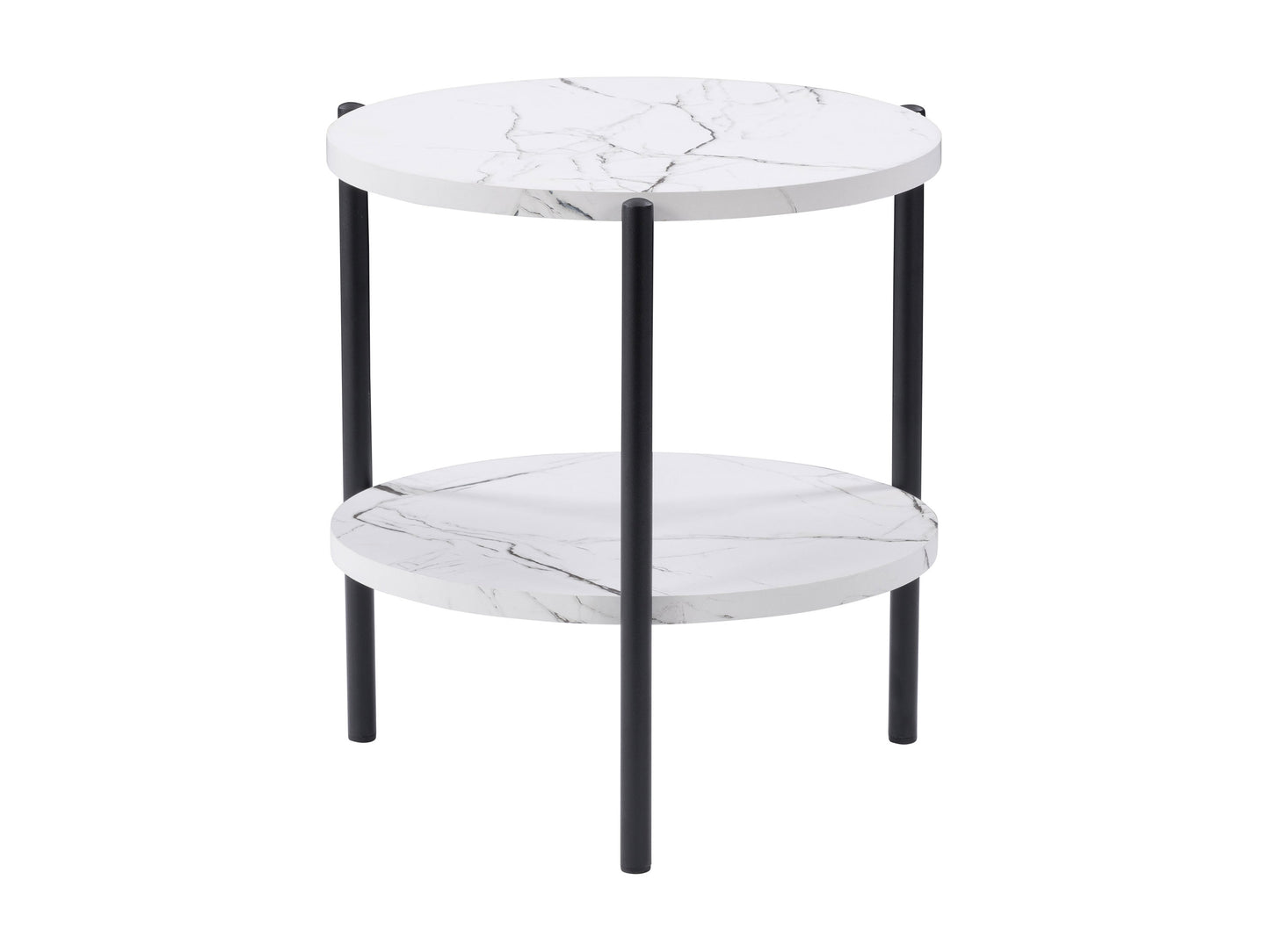 Modern round side table with a black metal frame and a white marble top, featuring sleek, minimalist design and sturdy construction, perfect for contemporary living rooms or bedrooms.