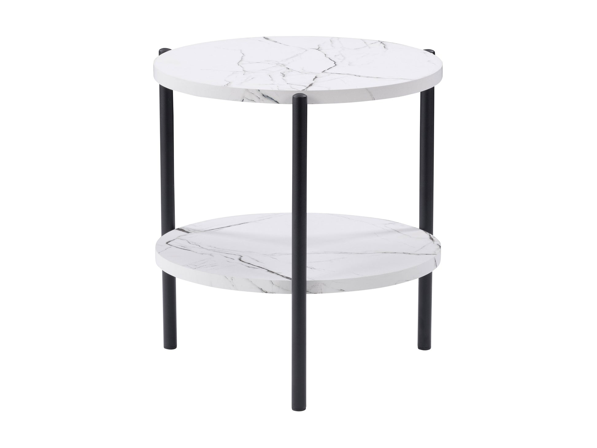 Modern round side table with a black metal frame and a white marble top, featuring sleek, minimalist design and sturdy construction, perfect for contemporary living rooms or bedrooms.