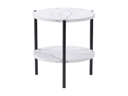 Modern round side table with a black metal frame and a white marble top, featuring sleek, minimalist design and sturdy construction, perfect for contemporary living rooms or bedrooms.