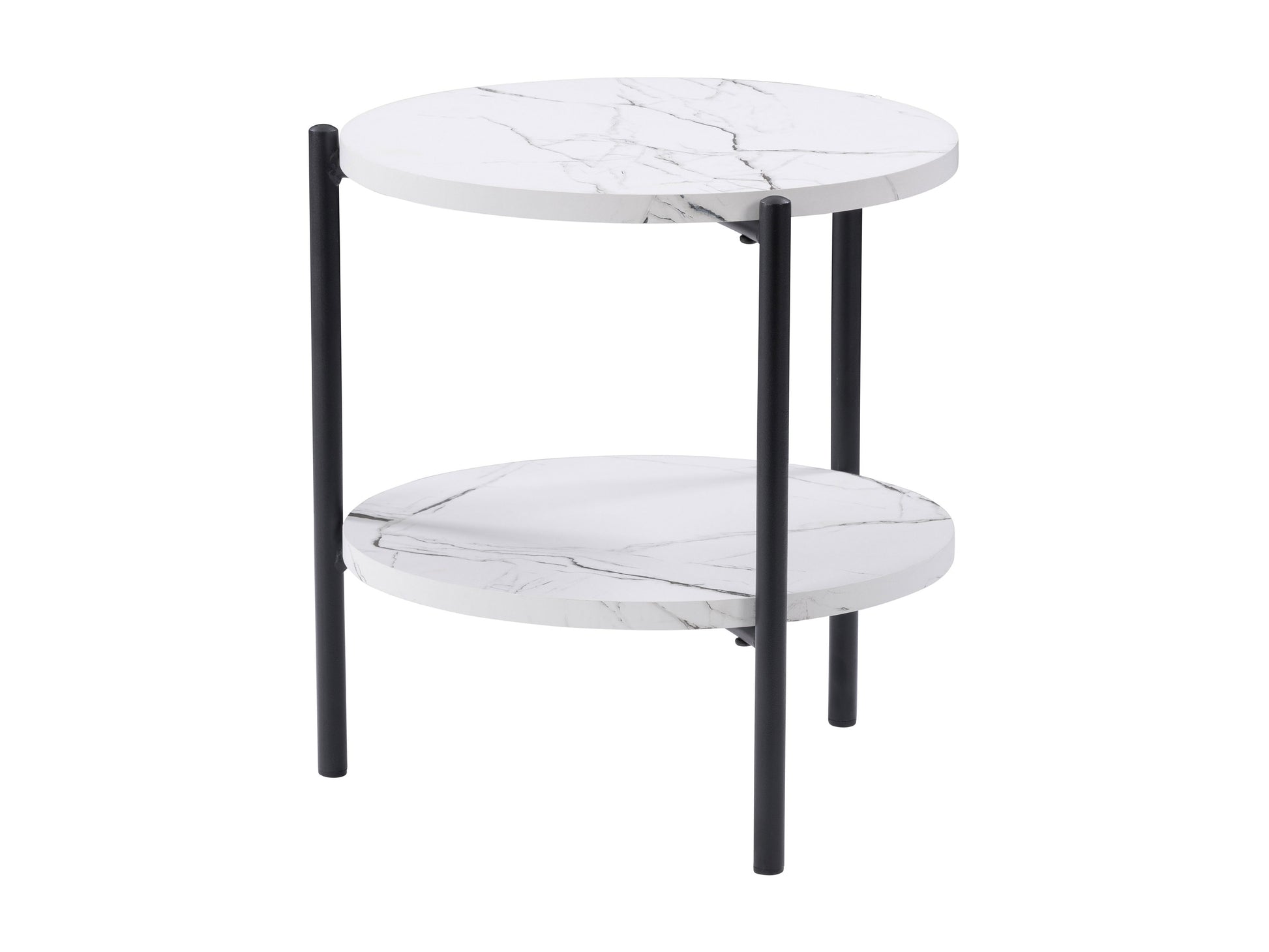 Round two-tier side table with a white marble top, gold metal frame, and lower glass shelf. Elegant and modern design perfect for living rooms or bedrooms.
