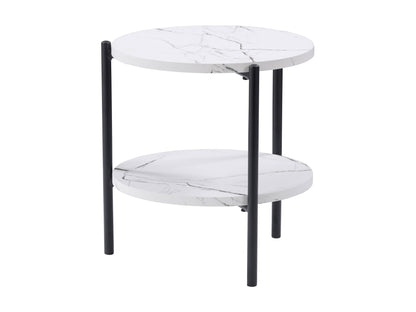 Round two-tier side table with a white marble top, gold metal frame, and lower glass shelf. Elegant and modern design perfect for living rooms or bedrooms.