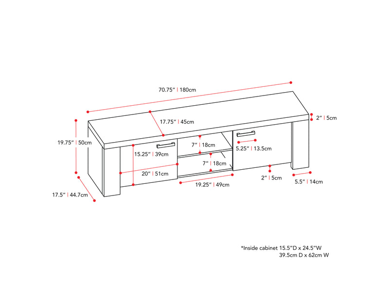 distressed carbon grey black duotone Modern TV Stand with Doors for TVs up to 85" Joliet Collection measurements diagram by CorLiving