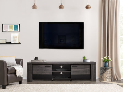 distressed carbon grey black duotone Modern TV Stand with Doors for TVs up to 85" Joliet Collection lifestyle scene by CorLiving#color_distressed-carbon-grey-black-duotone