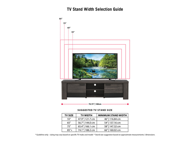 distressed carbon grey black duotone Modern TV Stand with Doors for TVs up to 85" Joliet Collection infographic by CorLiving