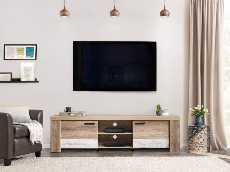 distressed warm beige white duotone Modern TV Stand with Doors for TVs up to 85" Joliet Collection lifestyle scene by CorLiving
