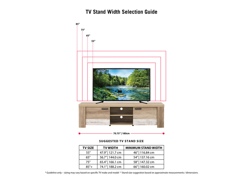 distressed warm beige white duotone Modern TV Stand with Doors for TVs up to 85" Joliet Collection infographic by CorLiving