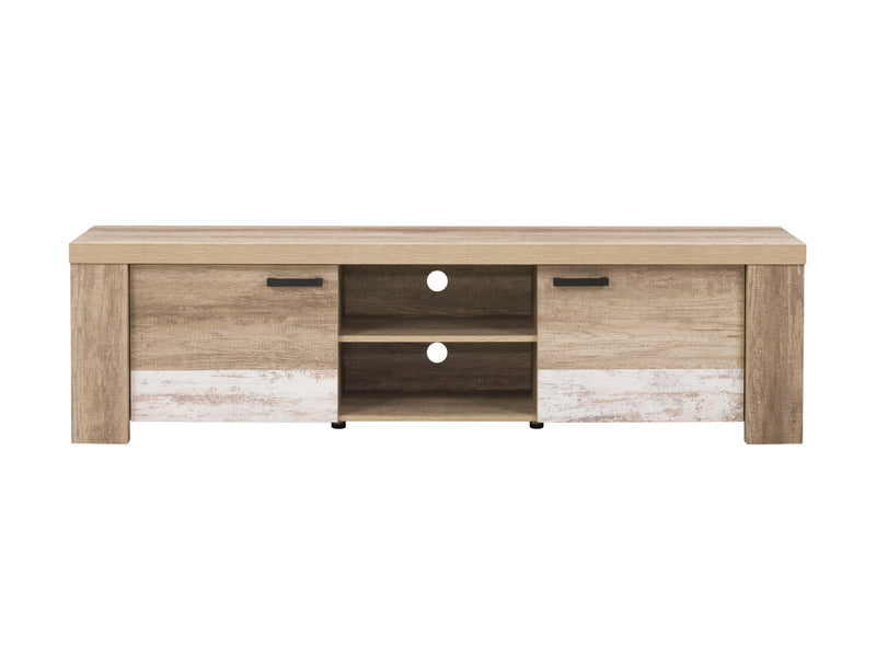 distressed warm beige white duotone Modern TV Stand with Doors for TVs up to 85" Joliet Collection product image by CorLiving