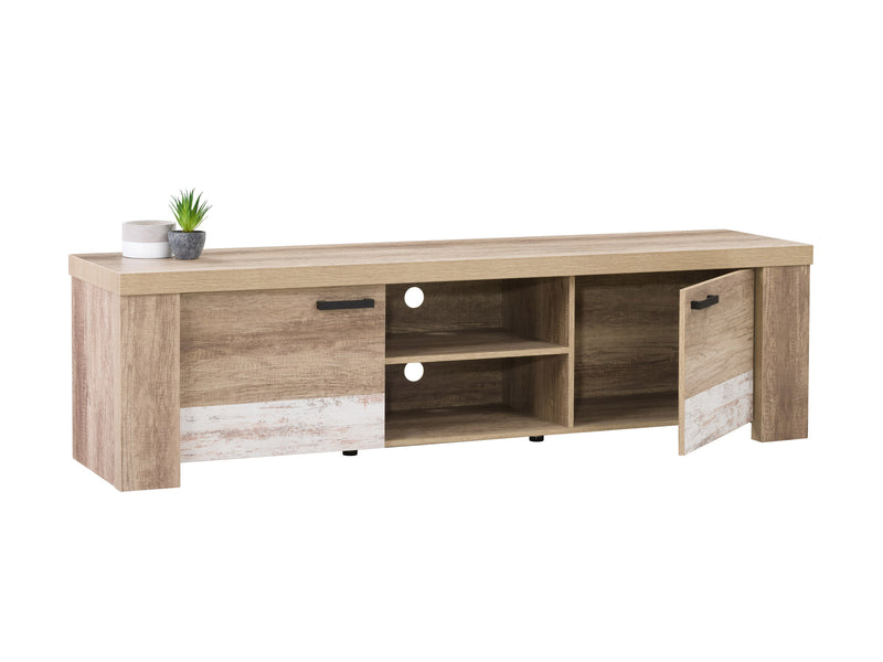 distressed warm beige white duotone Modern TV Stand with Doors for TVs up to 85" Joliet Collection product image by CorLiving